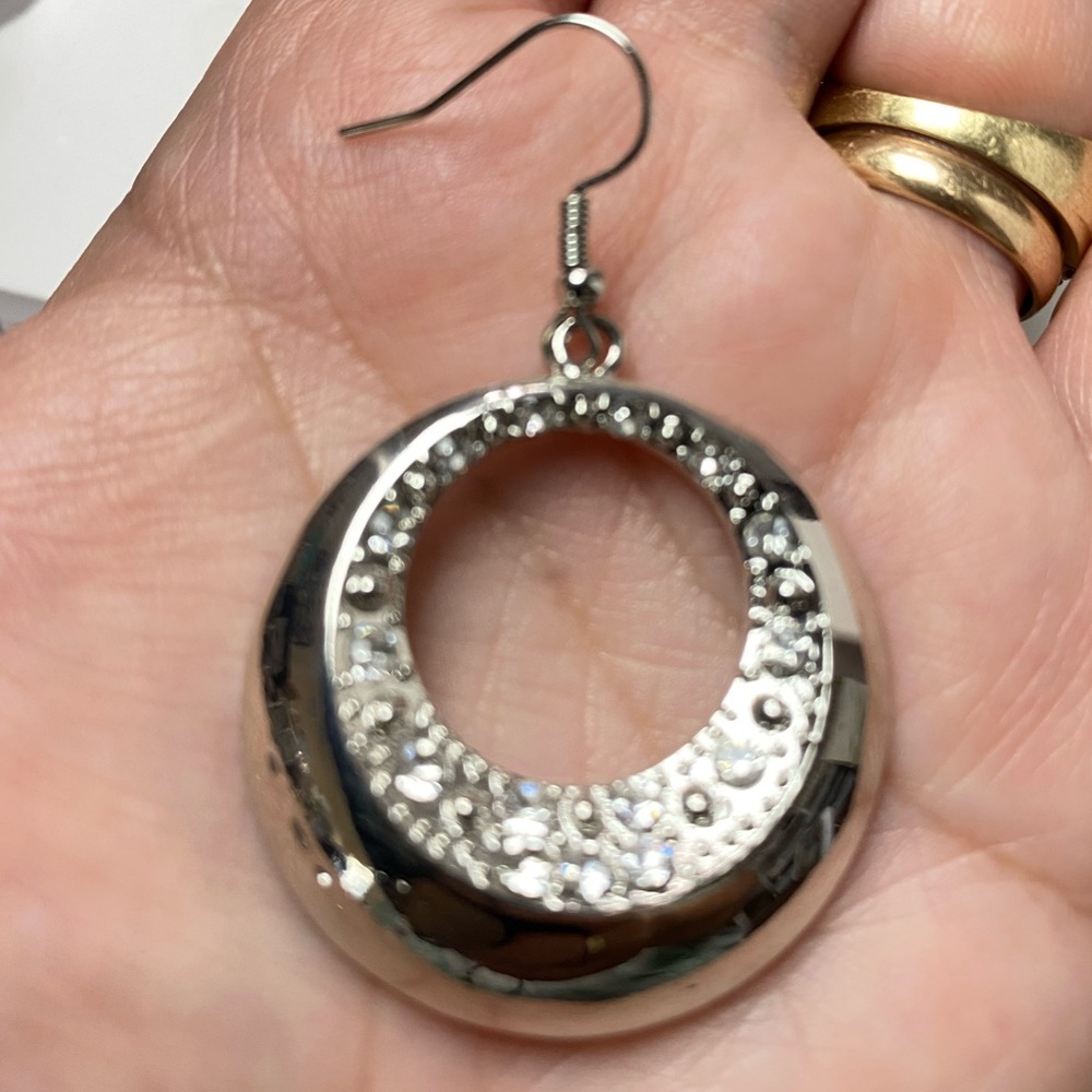 Silver Circle Earrings With Rhinestone detailing - Picture 3 of 7